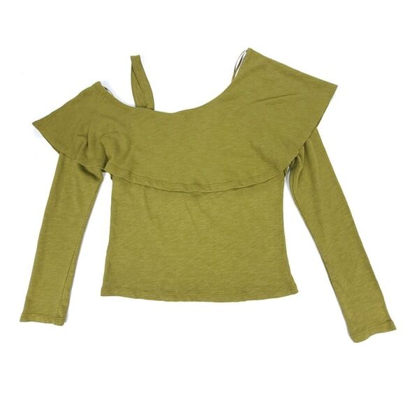 NEW Anthropologie Postmark Slub Knit Asymmetrical Ruffle Top Holly Green Small - Picture 5 of 7